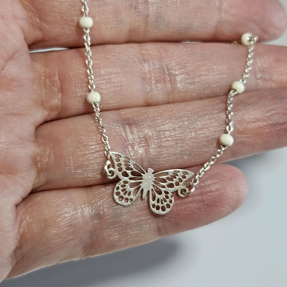 *Sale* Vintage Dyadema Sterling Silver Butterfly Bracelet White Bead 6.5-7.5"